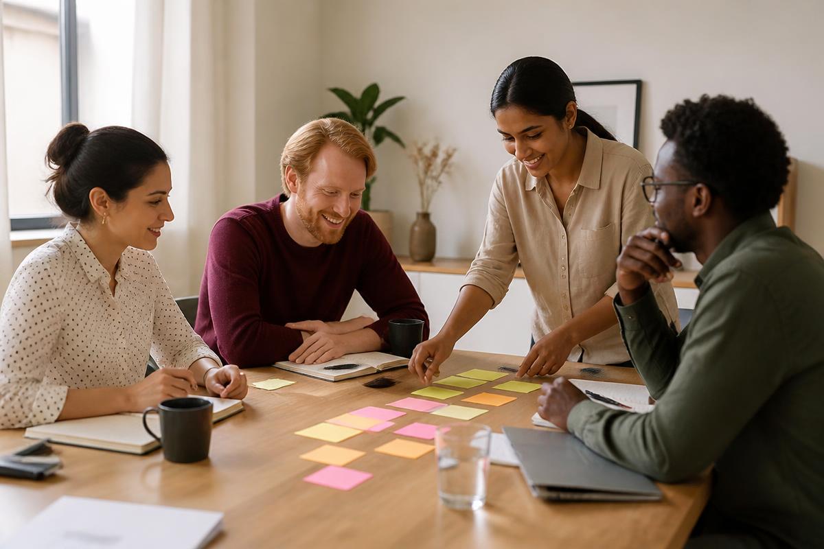 A team collaborating around a table during a Momentum Workshop